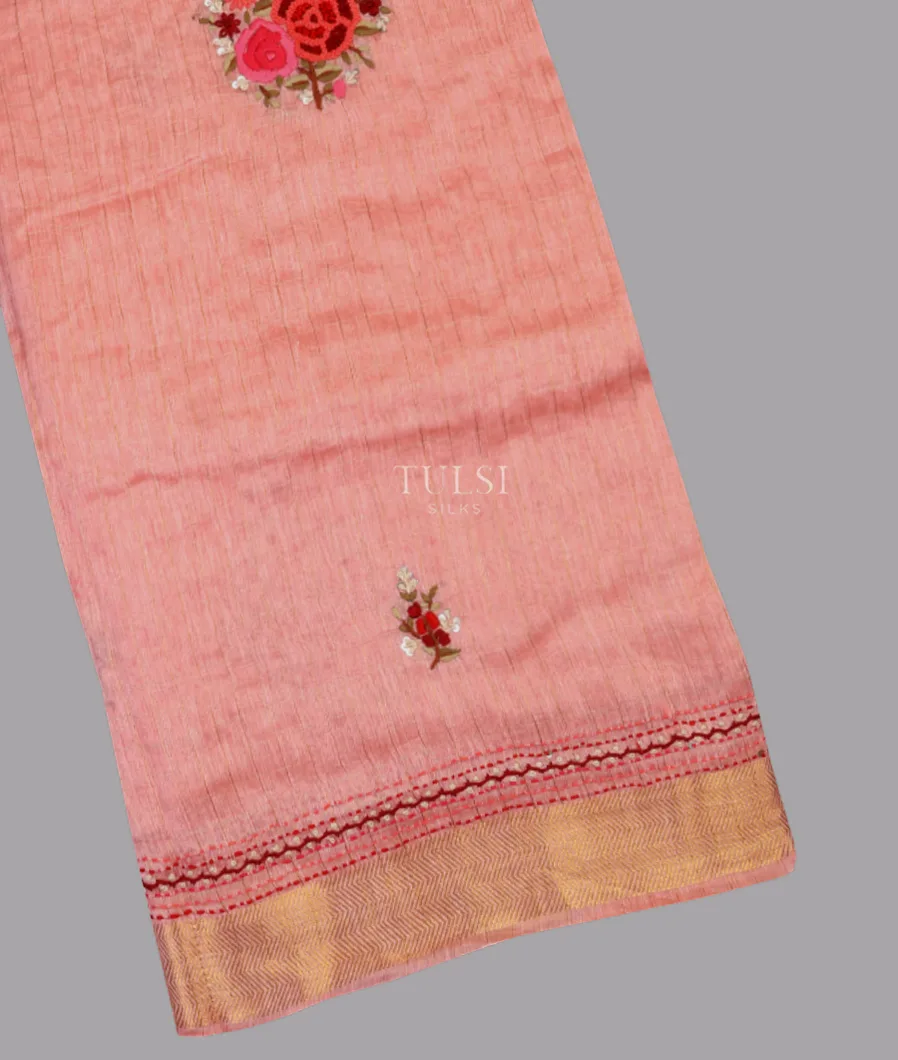 Coral Pink Linen Embroidery Saree T623492-image