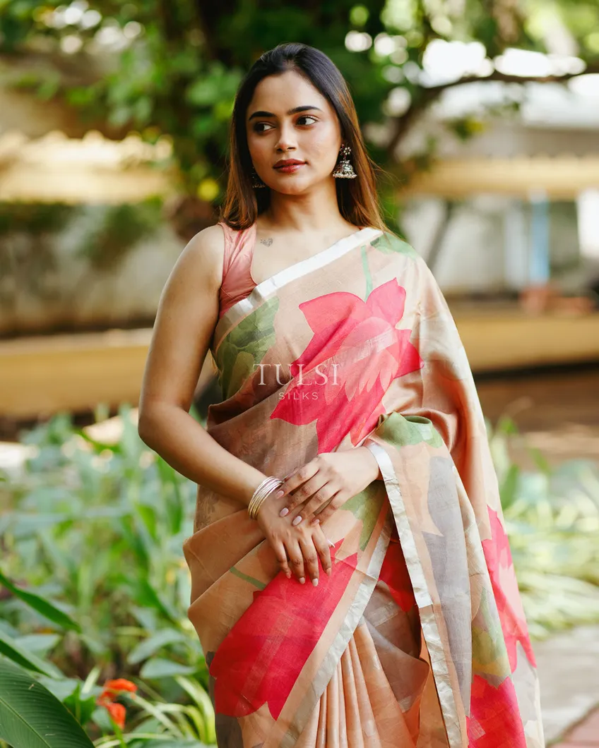 Dusty Peach Tussar Printed Saree T611835-image