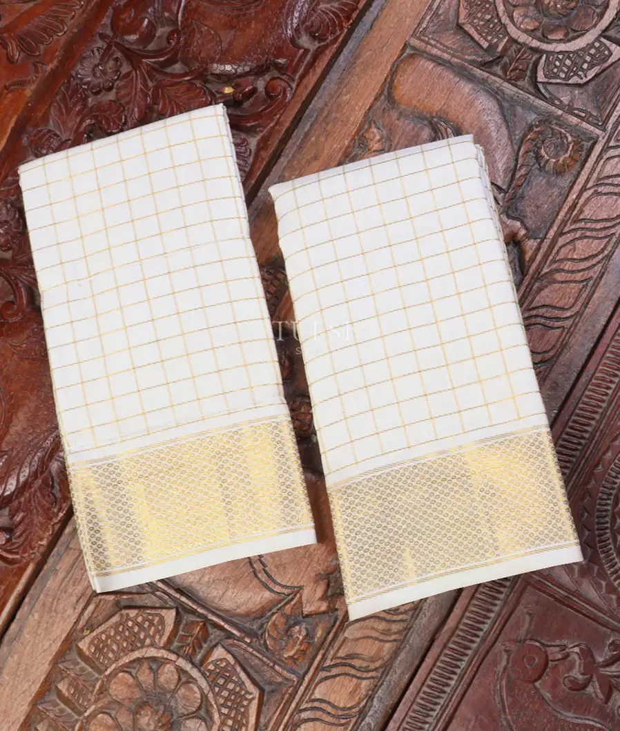 Off - White Handwoven Kanjivaram Silk Dhoti and Vastharam T583429-image