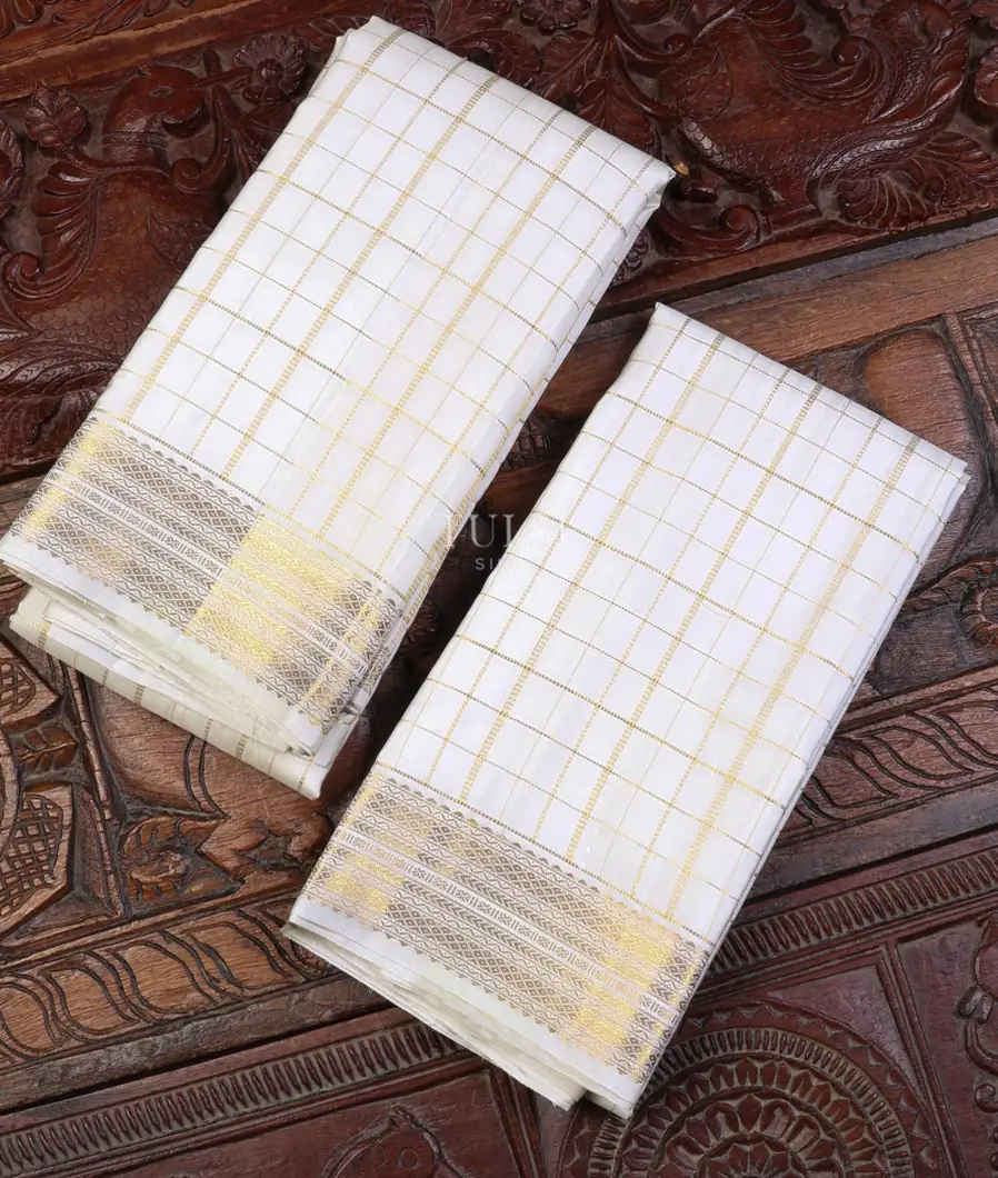 Off - White Handwoven Kanjivaram Silk Dhoti and Vastharam T602161-image