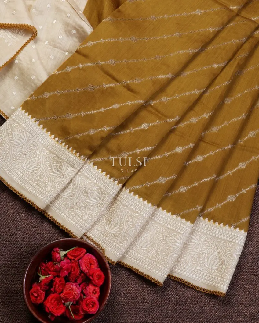 Mustard Yellow Tussar Embroidery Saree T629464-image