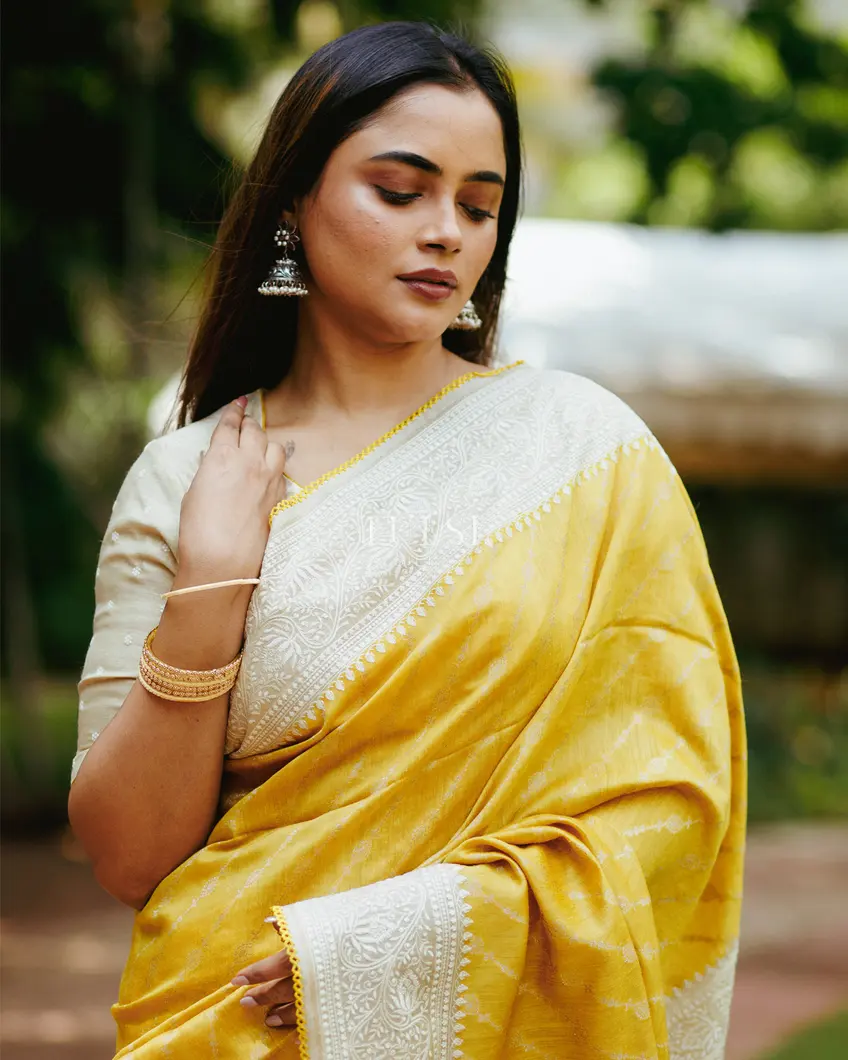 Yellow Tussar Embroidery Saree T616258-image