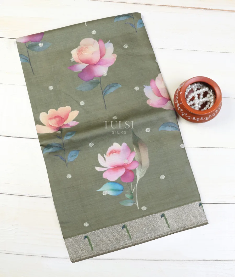 Greenish Grey Tussar Embroidery Saree T547193-image