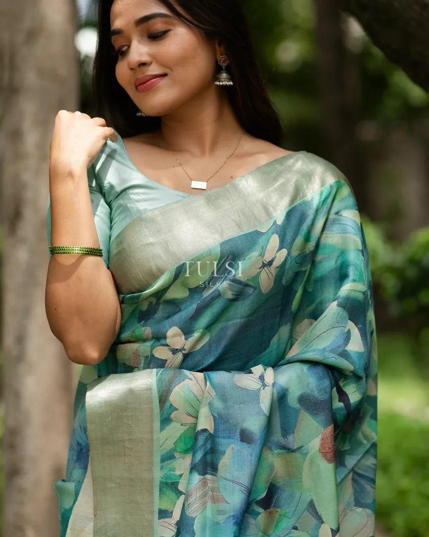 Greenish Blue Tussar Printed Saree T619736-image