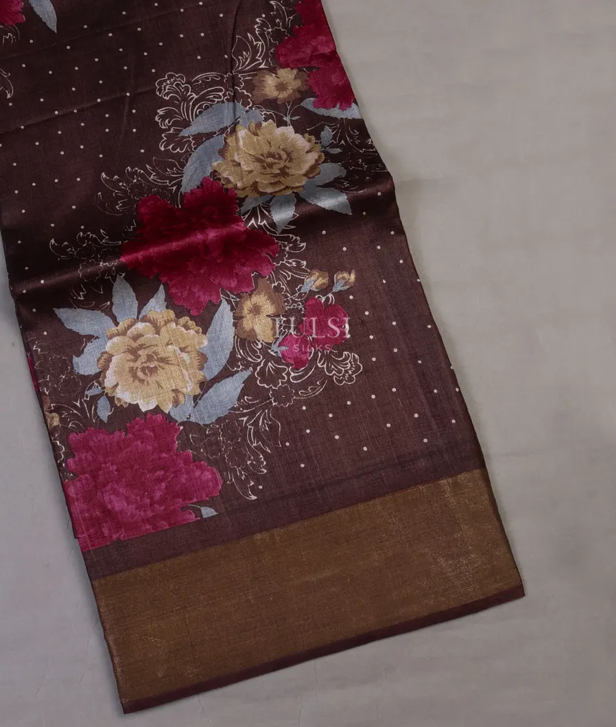Deep Brown Tussar Printed Saree T630335-image