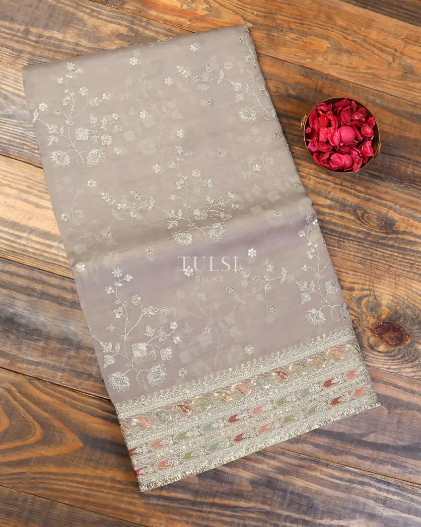 Purplish Grey Kora Organza Embroidery Saree T618162-image