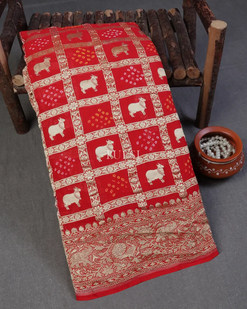 Red Bandhani Banaras Georgette Silk Saree T624923-image