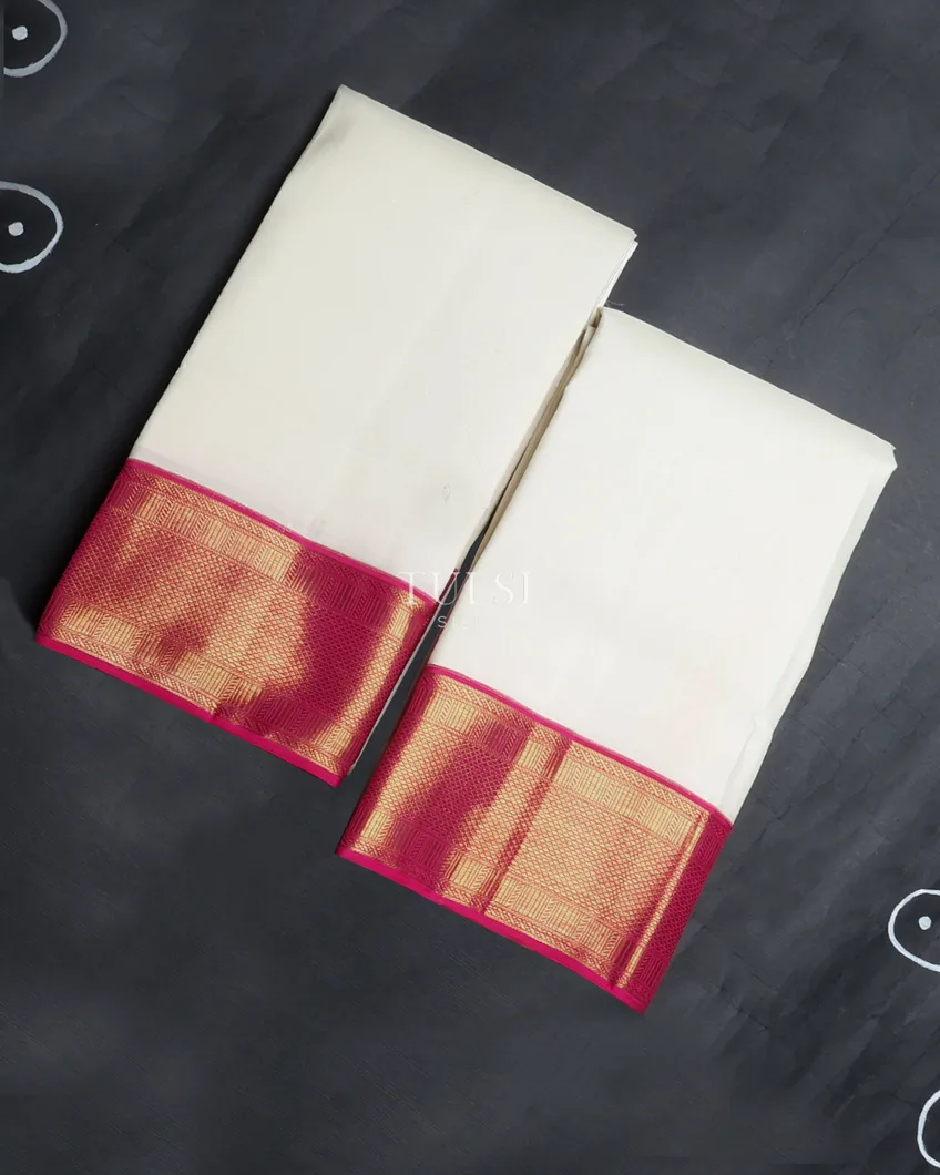 Off-White Handwoven Kanjivaram Silk Dhoti and Vastharam T515573-1-image