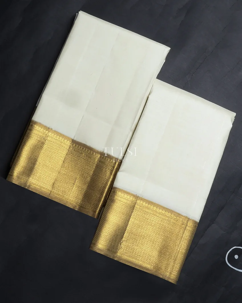 Off-White Handwoven Kanjivaram Silk Dhoti and Vastharam T567205-1-image