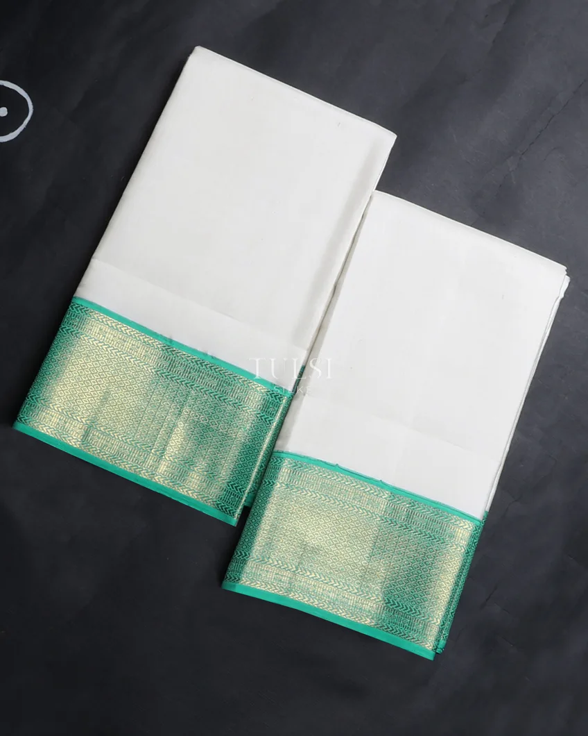 Off-White Handwoven Kanjivaram Silk Dhoti and Vastharam T449585-1-image