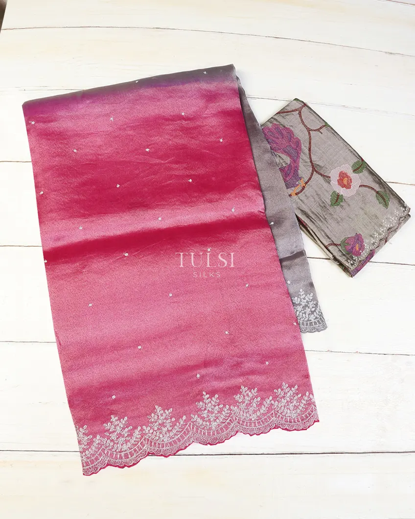 Pink And Grey Kora Tissue Organza Embroidery Saree T618167-image