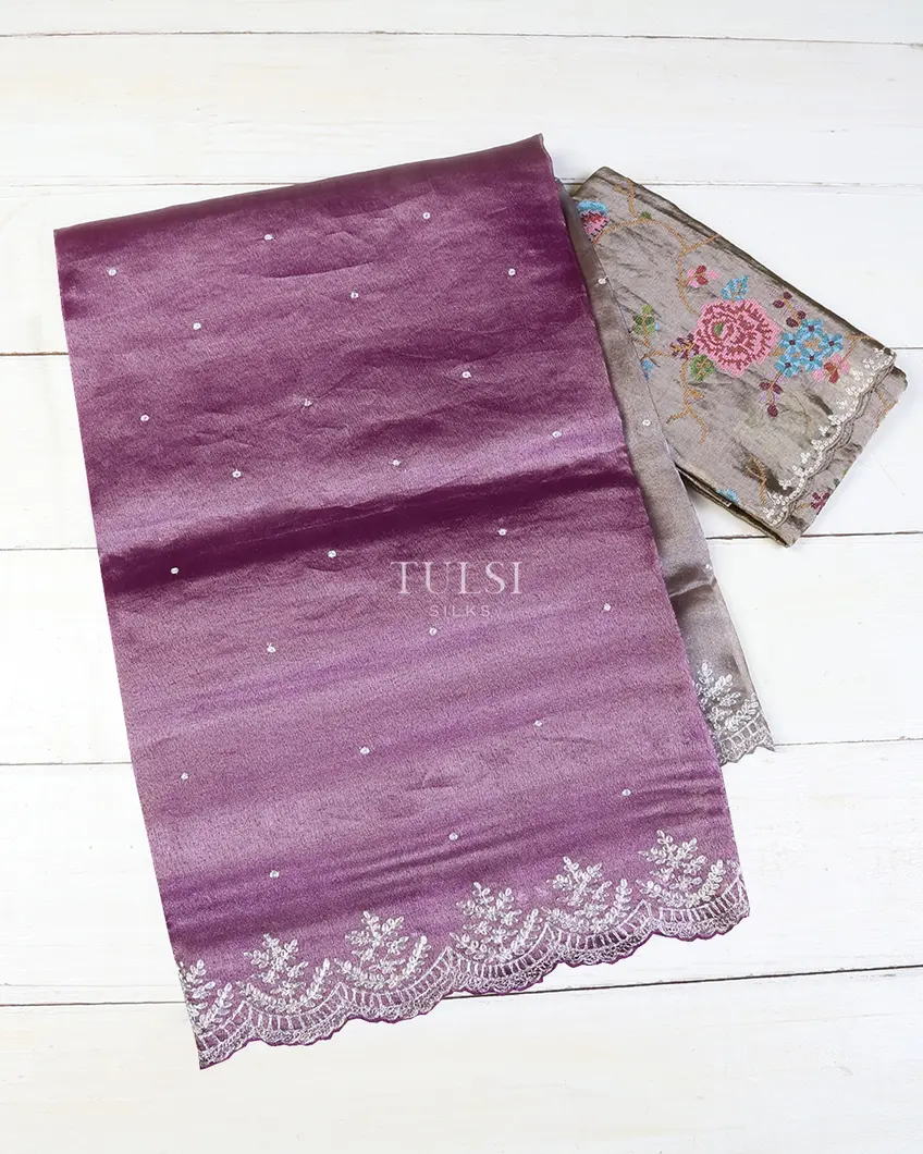 Purple And Grey Kora Tissue Organza Embroidery Saree T618166-image