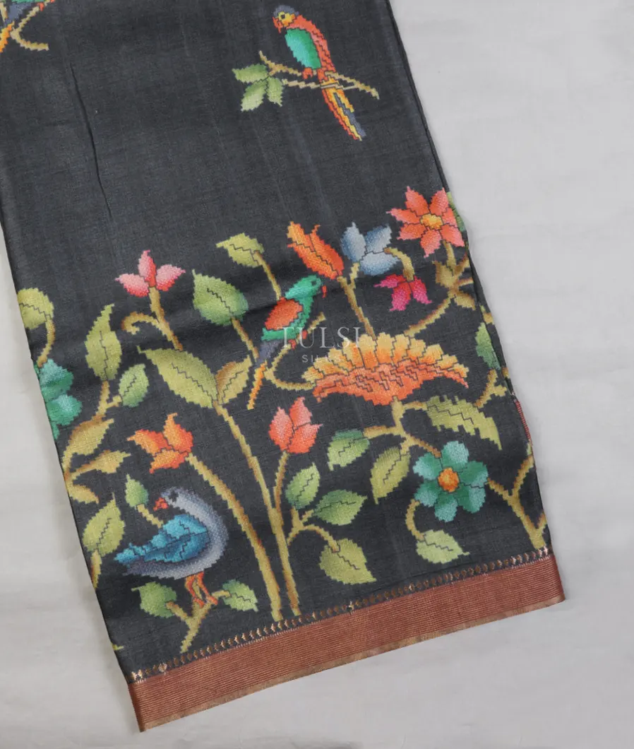 Dark Grey Tussar Printed Saree T617897-image