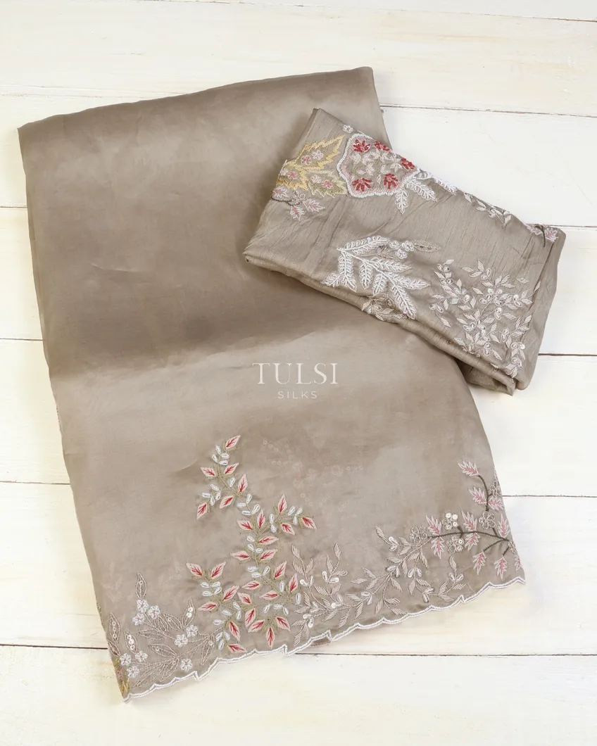 Grey Kora Organza Embroidery Saree T609407-image