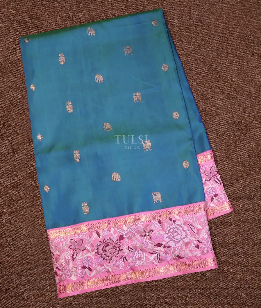 Peacock Blue Kanjivaram Embroidery Silk Saree T634980-image