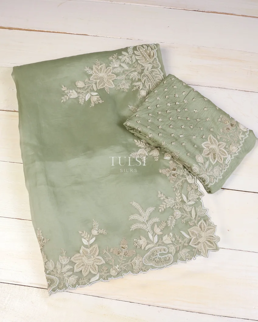 Light Green Kora Organza Embroidery Saree T621910-image