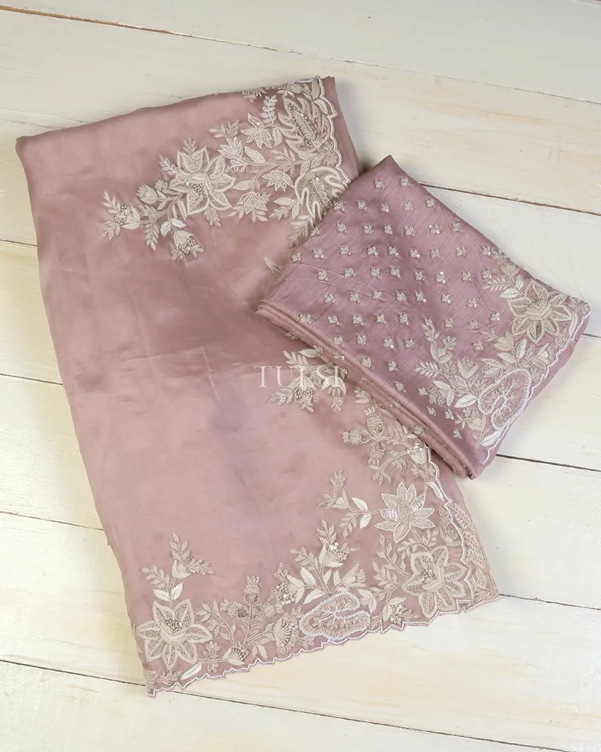 Dusty Pink Kora Organza Embroidery Saree T621909-image