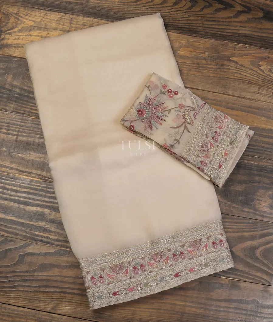 Light Beige Kora Organza Embroidery Saree T640077-image