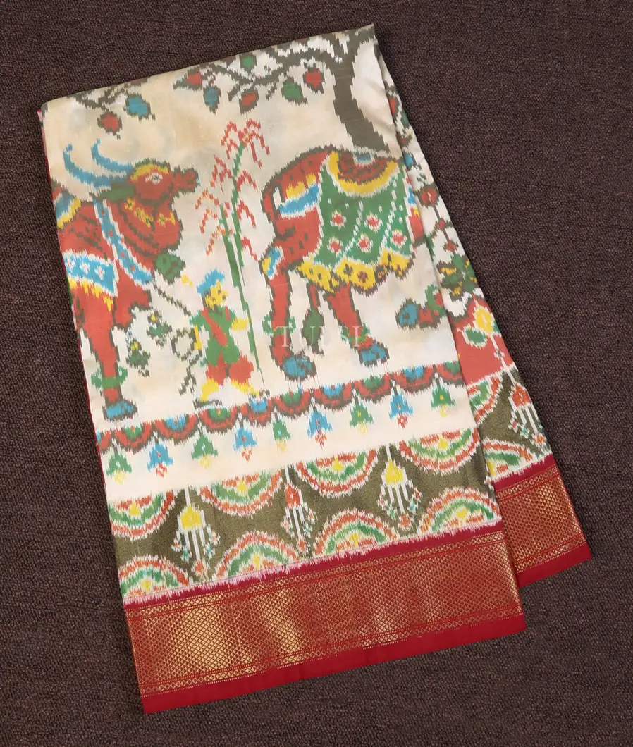 Off-White Ikat Silk Saree T639348-image