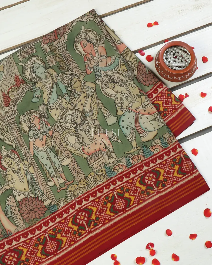 Green Patan Patola Silk Saree with Pen Kalamkari T565942 (Without Blouse)-image