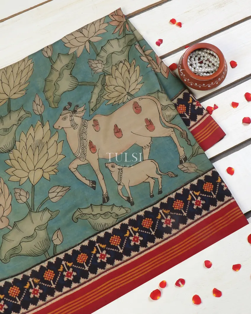 Blue Patan Patola Silk Saree with Pen Kalamkari T565943 (Without Blouse)-image