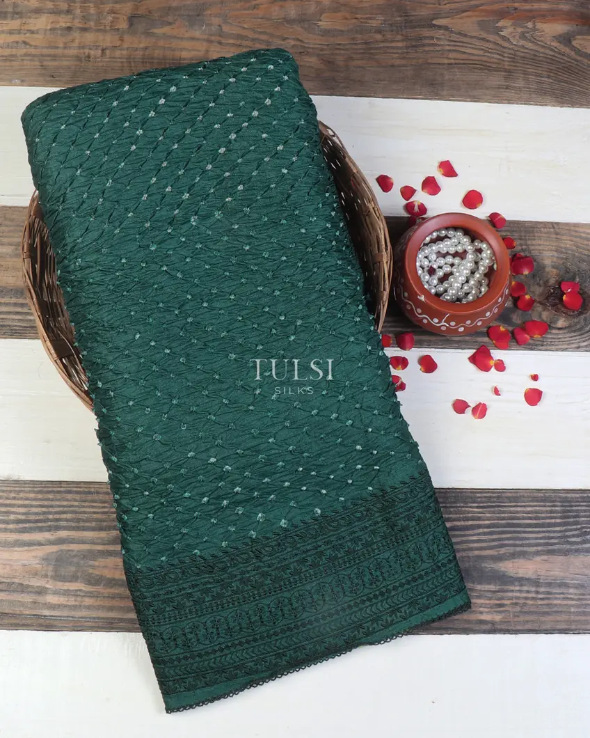 Peacock Green Bandhani Tussar Embroidery Saree T638801-image