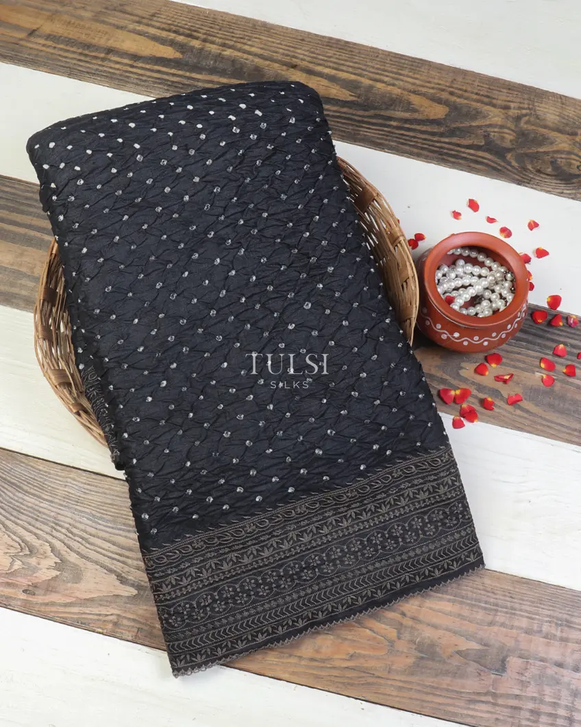Black Bandhani Tussar Embroidery Saree T638797-image