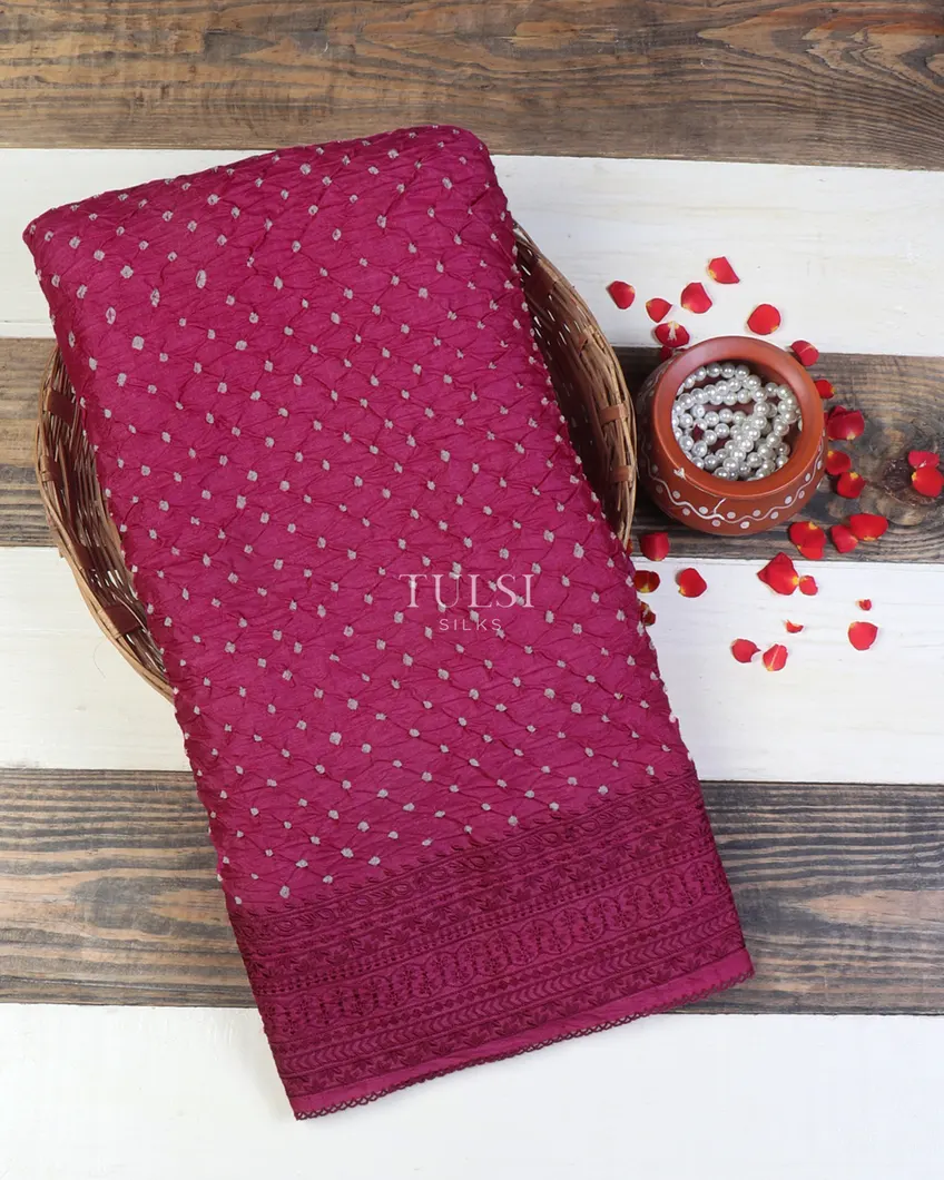 Pink Bandhani Tussar Embroidery Saree T638798-image