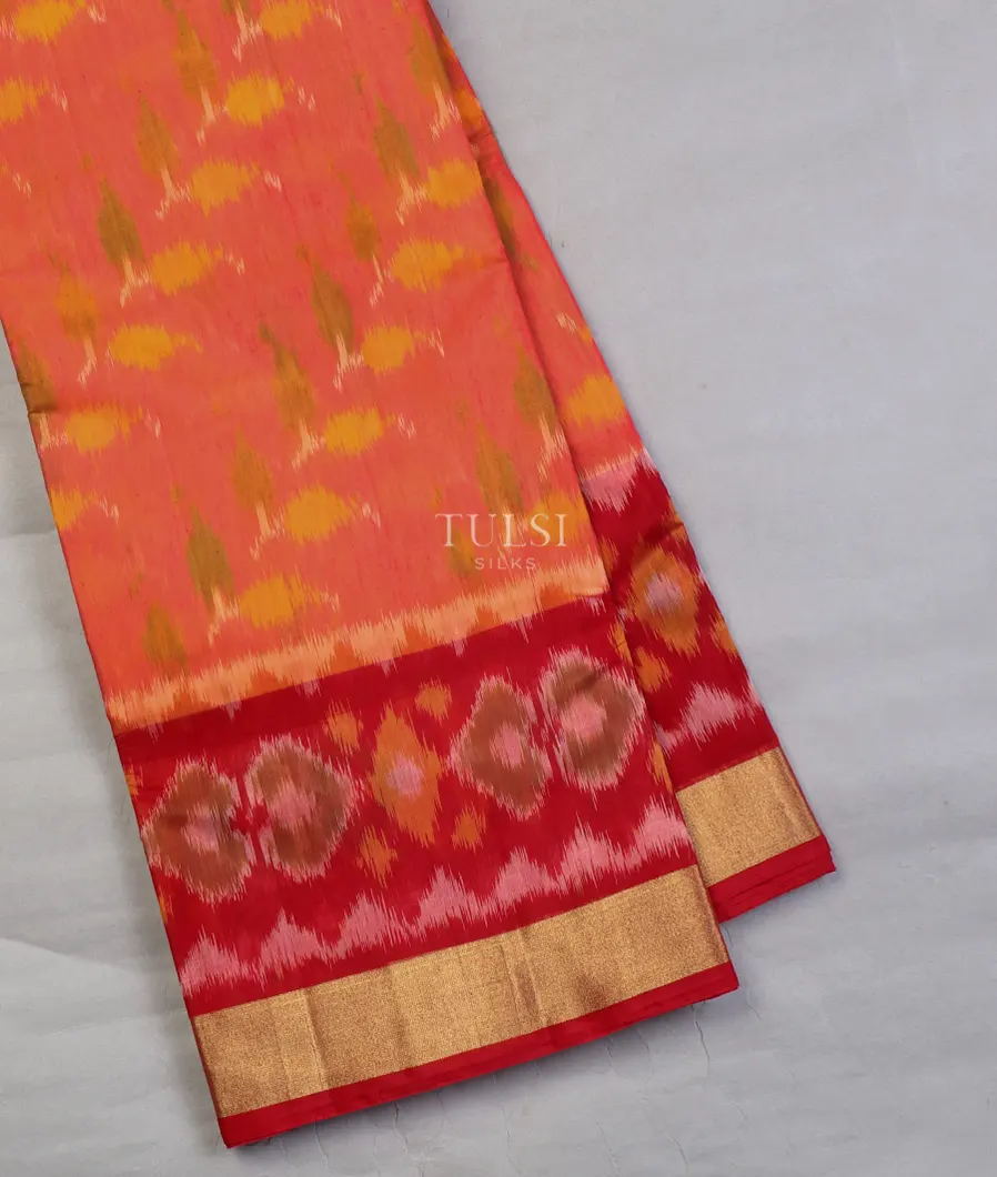 Orangish Pink Pochampalli Silk Cotton Saree T640839-image