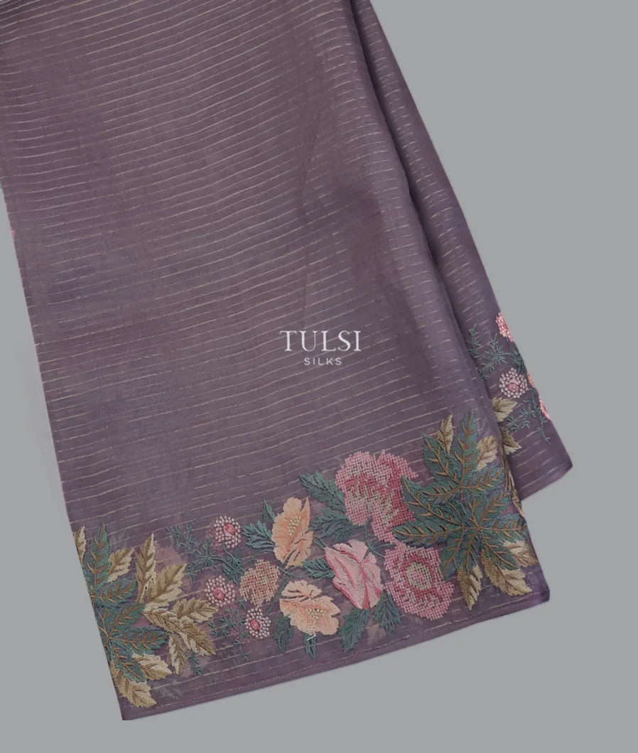 Purplish Grey Kora Organza Embroidery Saree T631141-image