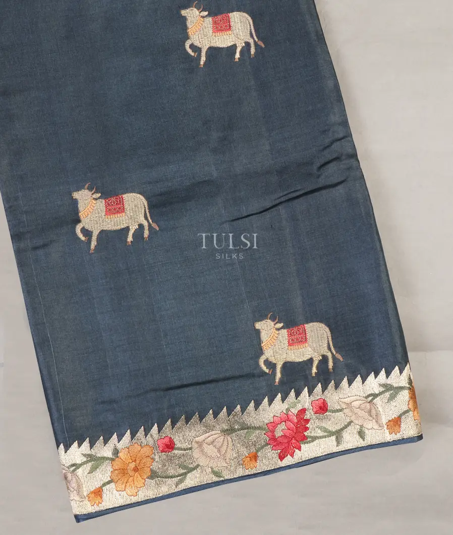 Dark Bluish Grey Tussar Embroidery Saree T622657-image