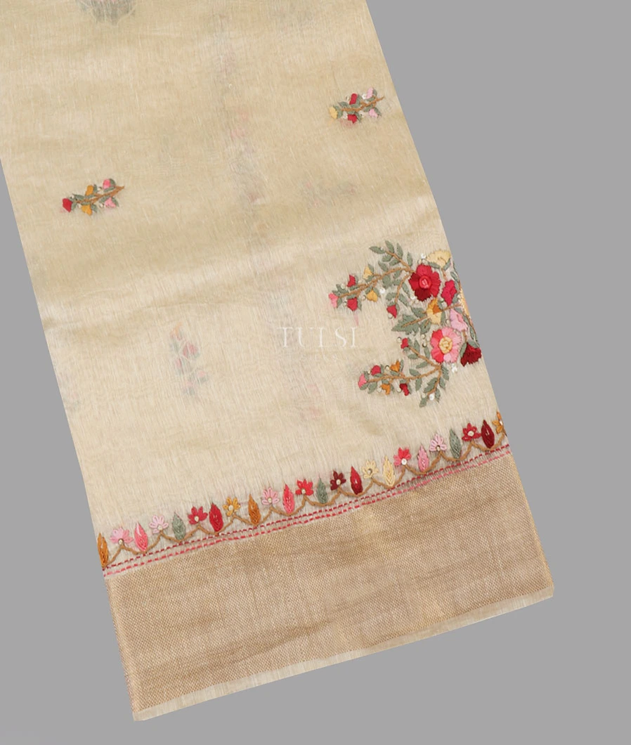 Cream Linen Embroidery Saree T558996-1-image