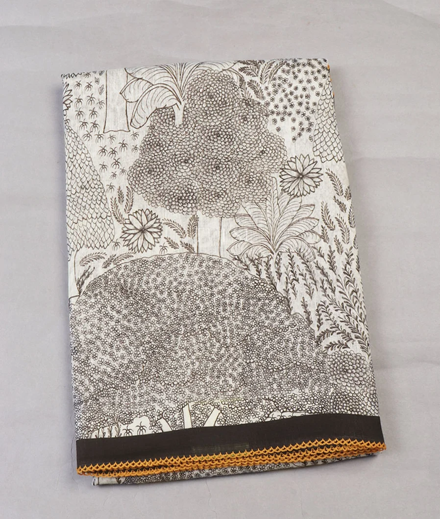 Off - White Linen Printed Saree T636870-image