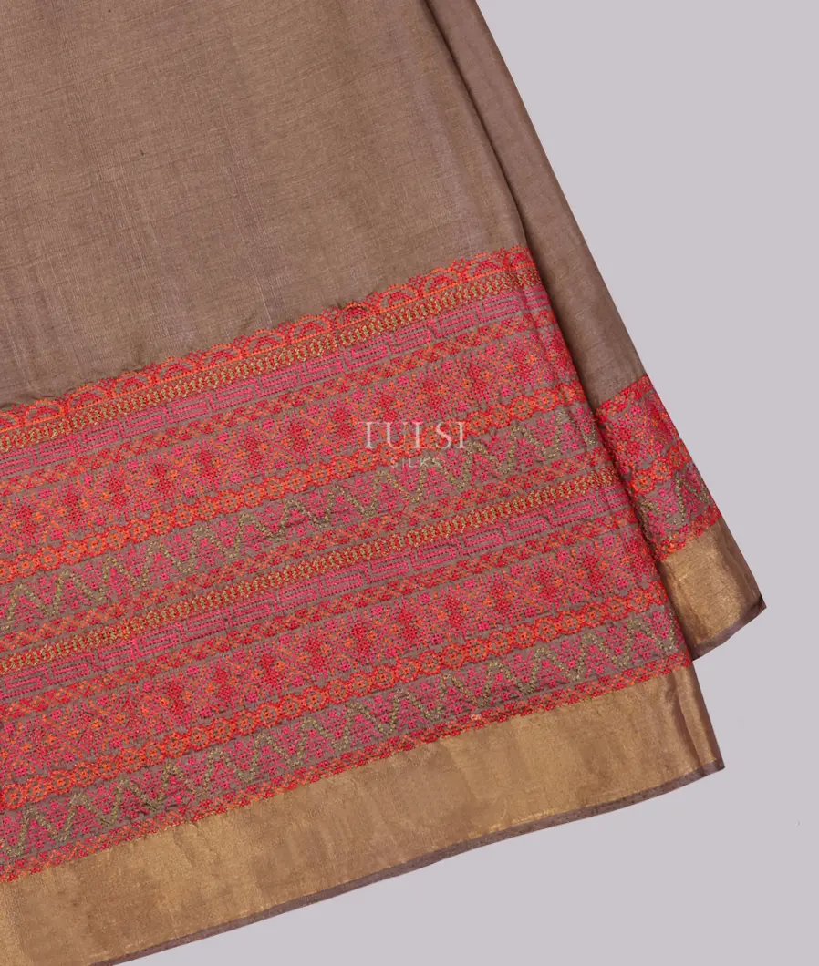 Light Brown Tussar Embroidery Saree T632922-image