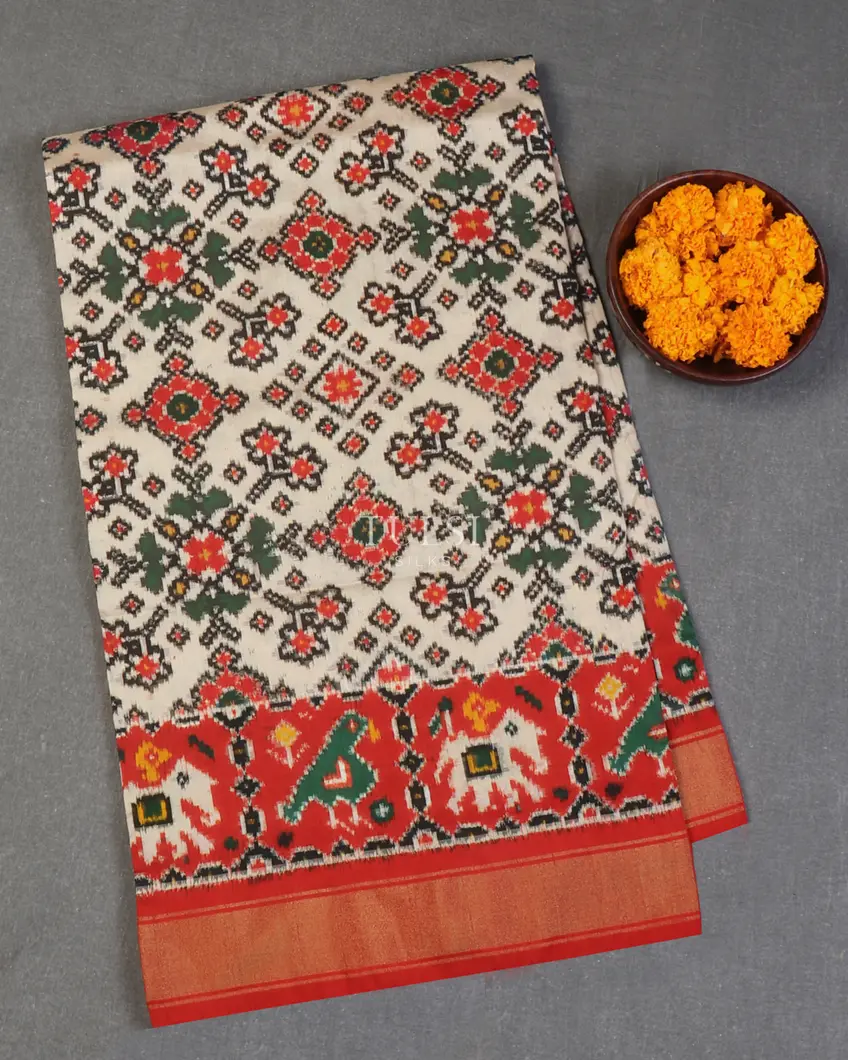 Light Beige Double Ikat Silk Saree T641244-image
