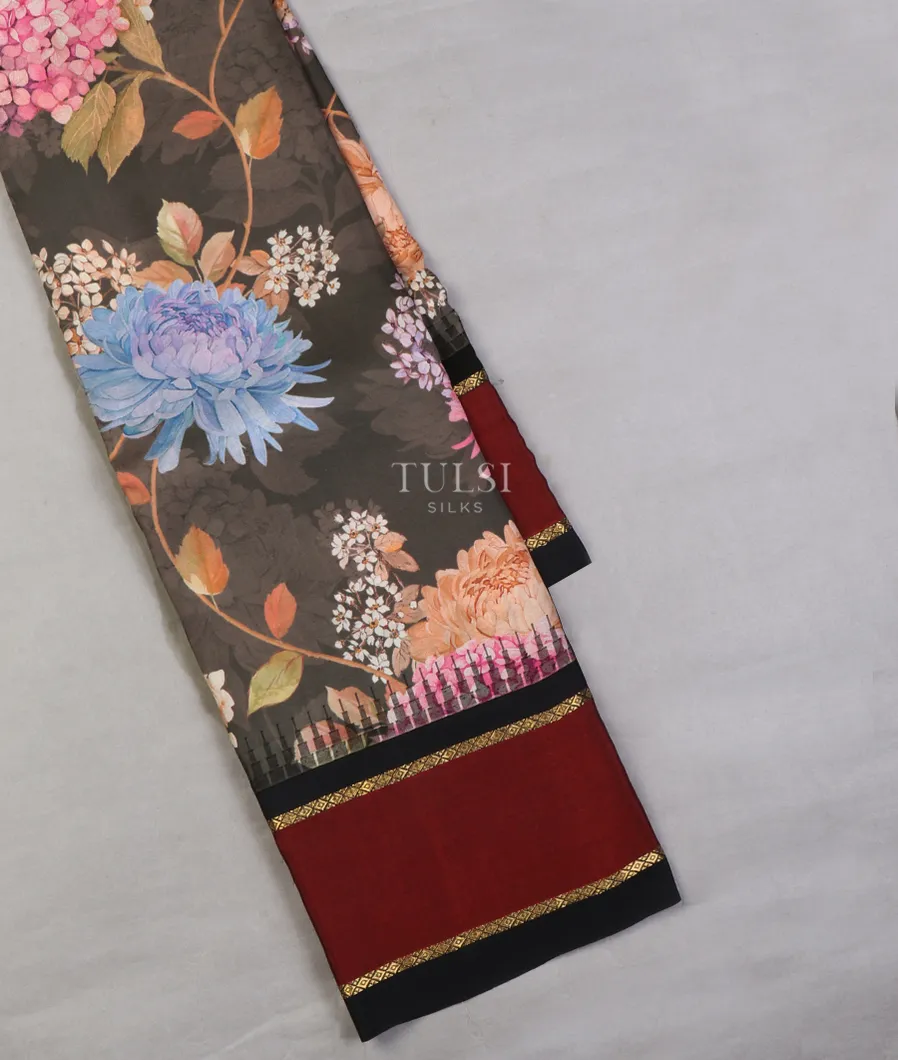 Dark Grey Printed Soft Silk Saree T639469-image