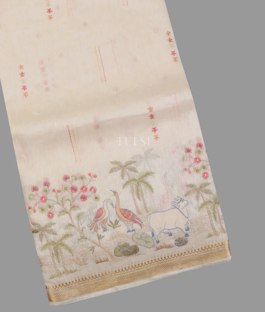 Off - White Linen Embroidery Saree T641623-image
