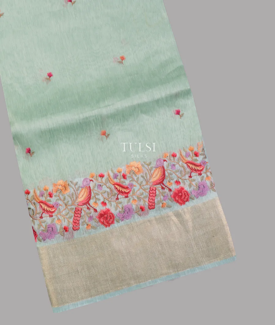 Light Greenish Blue Linen Embroidery Saree T641615-image