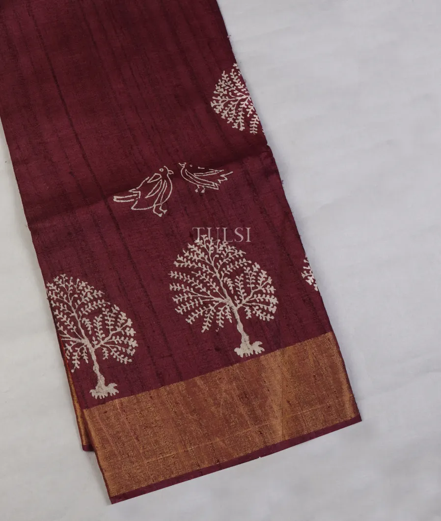 Burgundy Tussar Embroidery Saree T627838-image