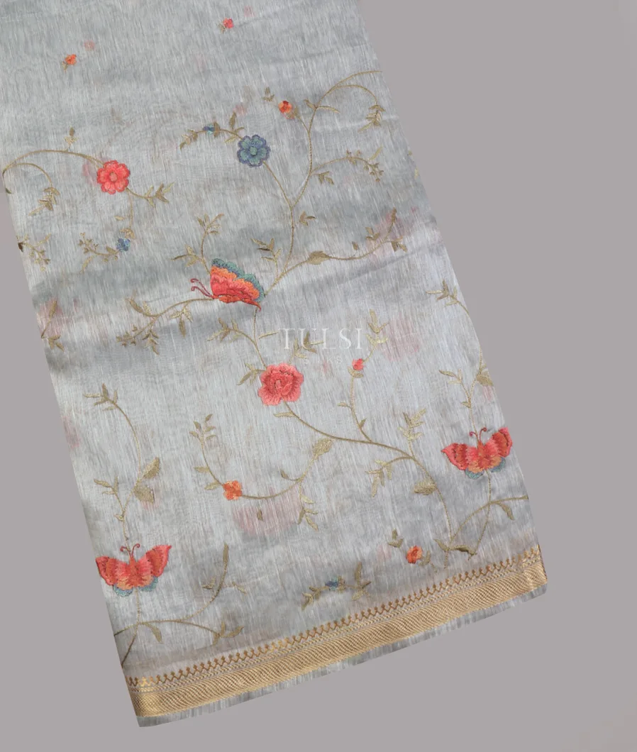 Light Grey Linen Embroidery Saree T641594-image