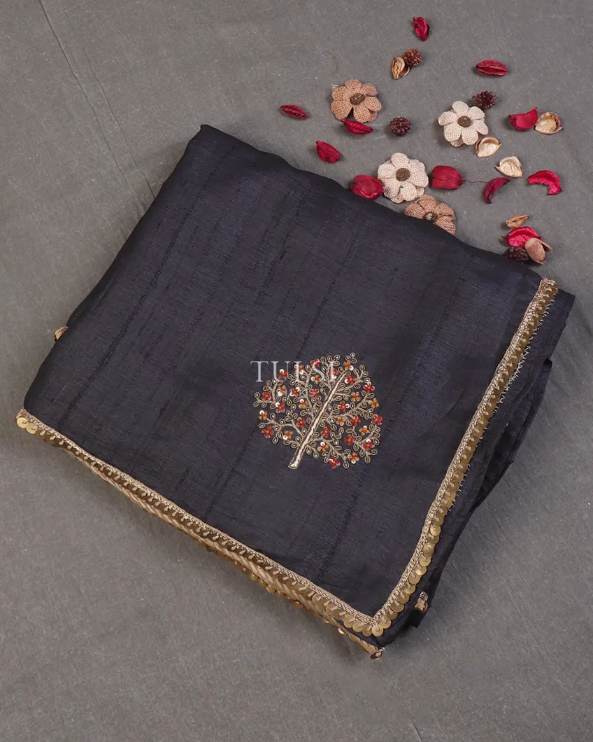 Dark Grey Tussar Embroidery Saree T644609-image
