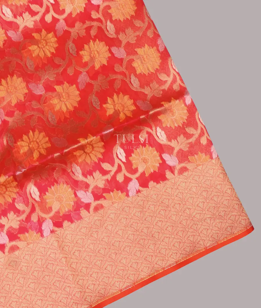 Orangish Pink Banaras Organza Saree T626181-image
