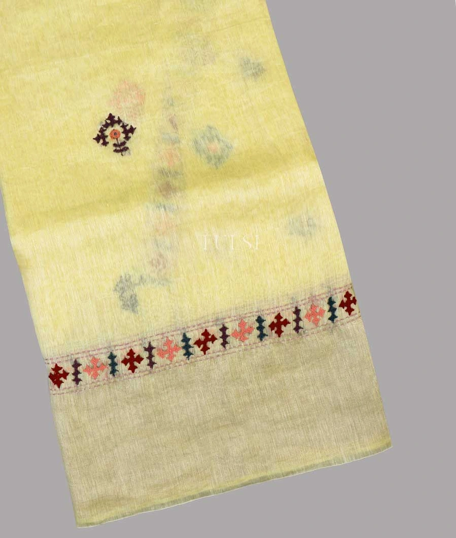 Pale Yellow Linen Embroidery Saree T559028-2-image