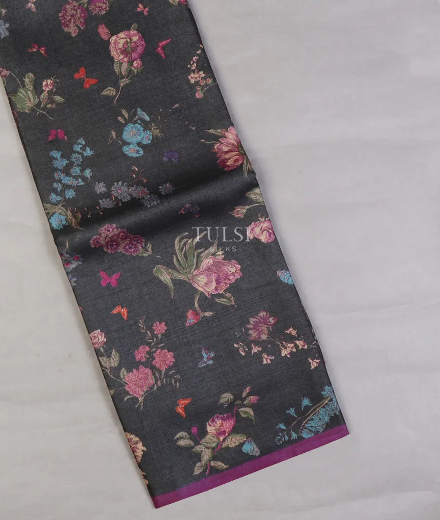 Dark Grey Tussar Printed Saree T641220-image