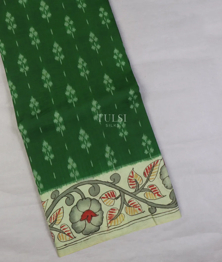 Green Ikat Silk With Kalamkari Border and Pallu T557535-1-image