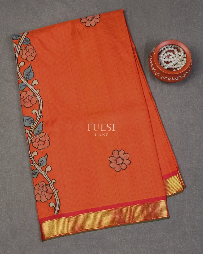Burnt Orange kanjivaram Kalamkari Patchwork Saree T650044-image