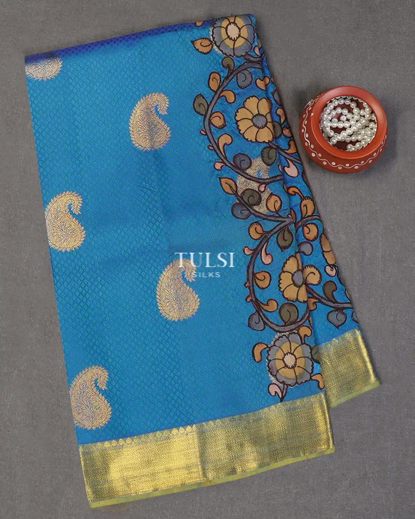 Peacock Blue kanjivaram Kalamkari Patchwork Saree T650036-image