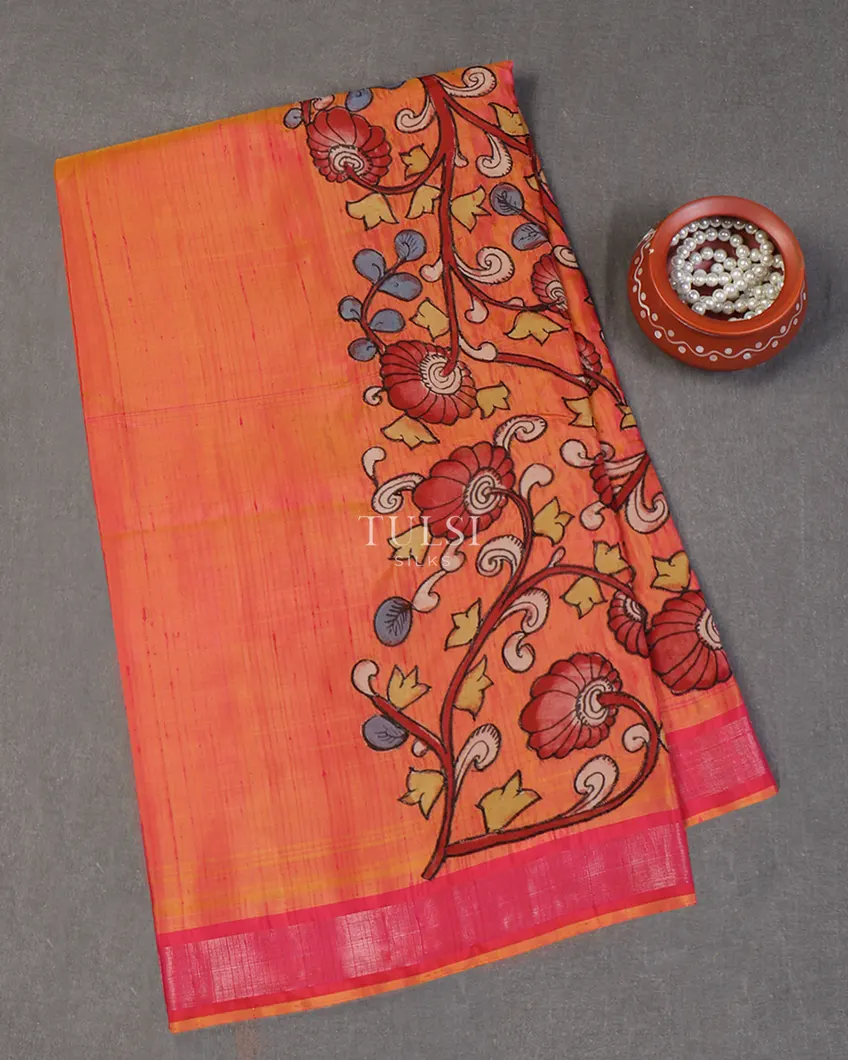 Orangish Pink kanjivaram Kalamkari Patchwork Saree T650046-image