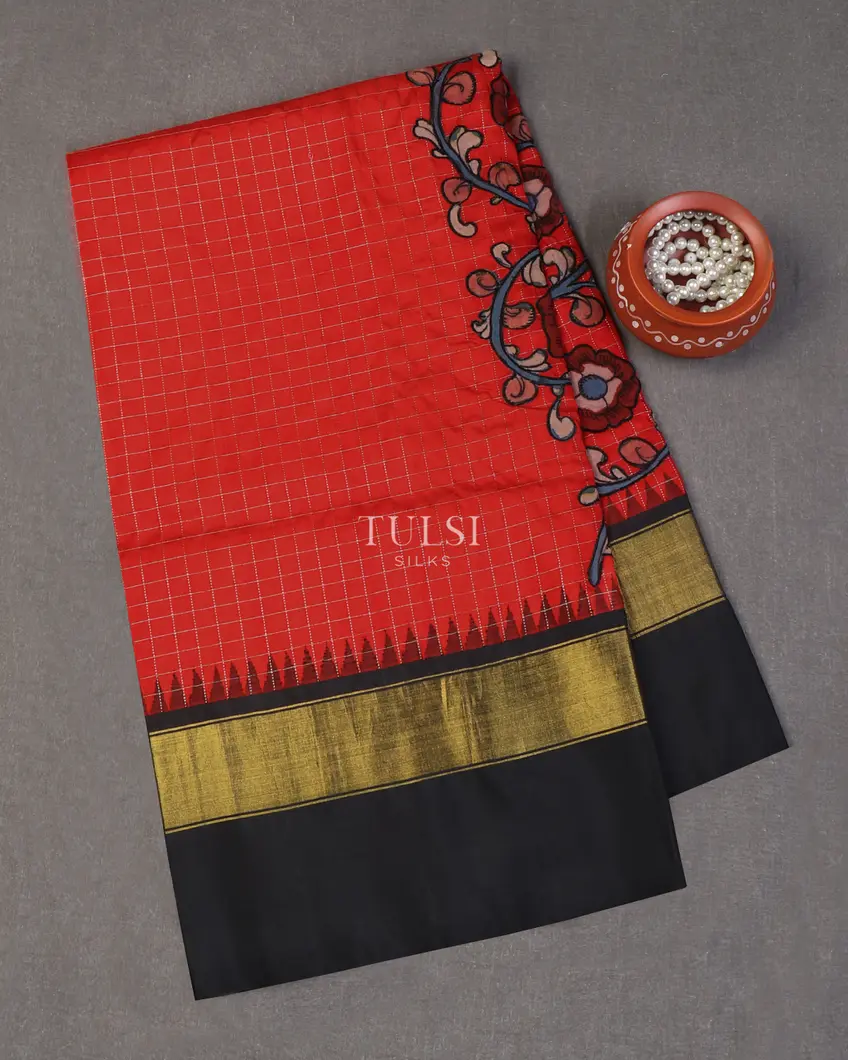 Red Kanjivaram Kalamkari Patchwork Saree T650042-image