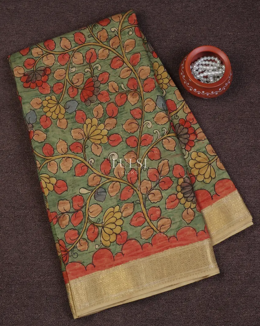 Green Kanjivaram Kalamkari Handpainted Saree T645770-image